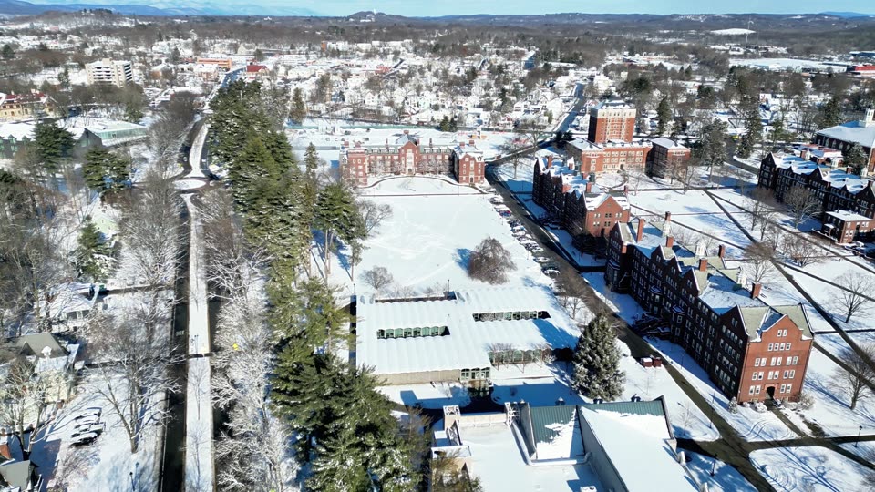 Descending over Vassar College in winter