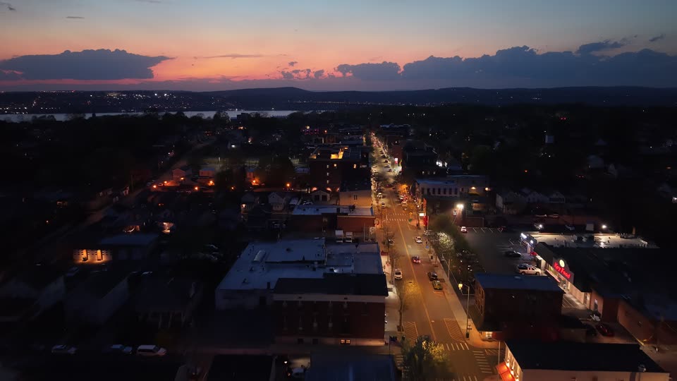 Flying down Main Street at night in Beacon