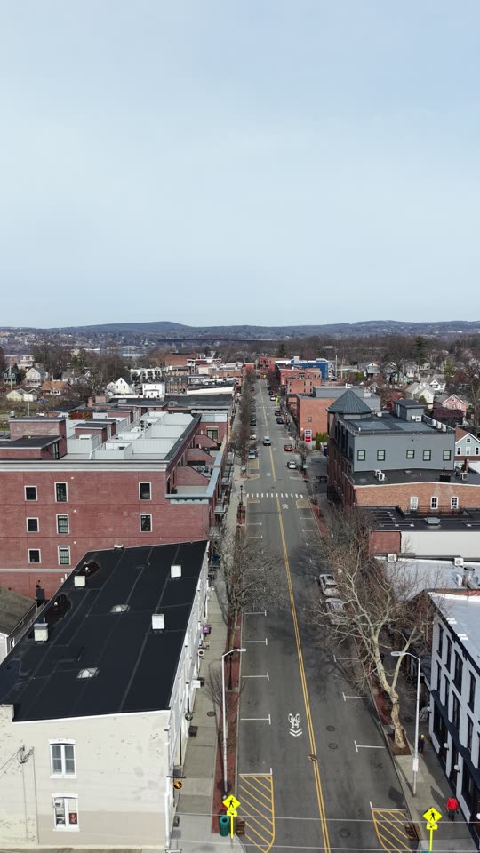 Flying down Main Street in Beacon winter 2