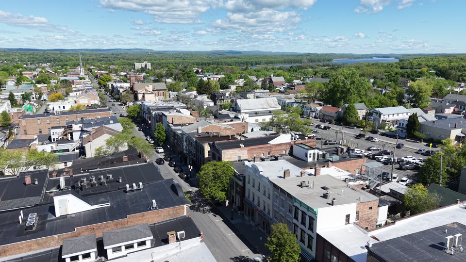 Flying down Warren Street looking upriver in Hudson