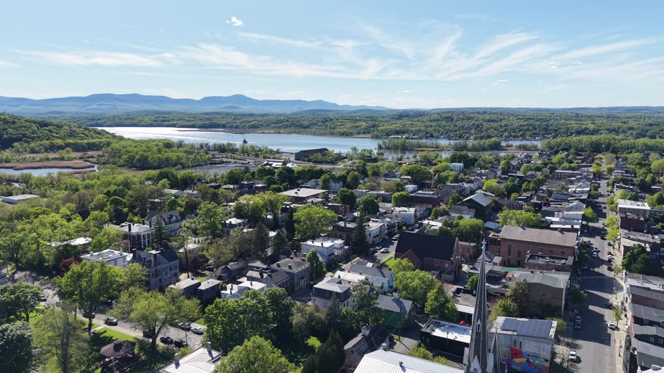 Flying over downtown Hudson looking towards the Catskills