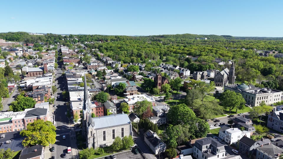 Flying over downtown Hudson near the Columbia County Courthouse