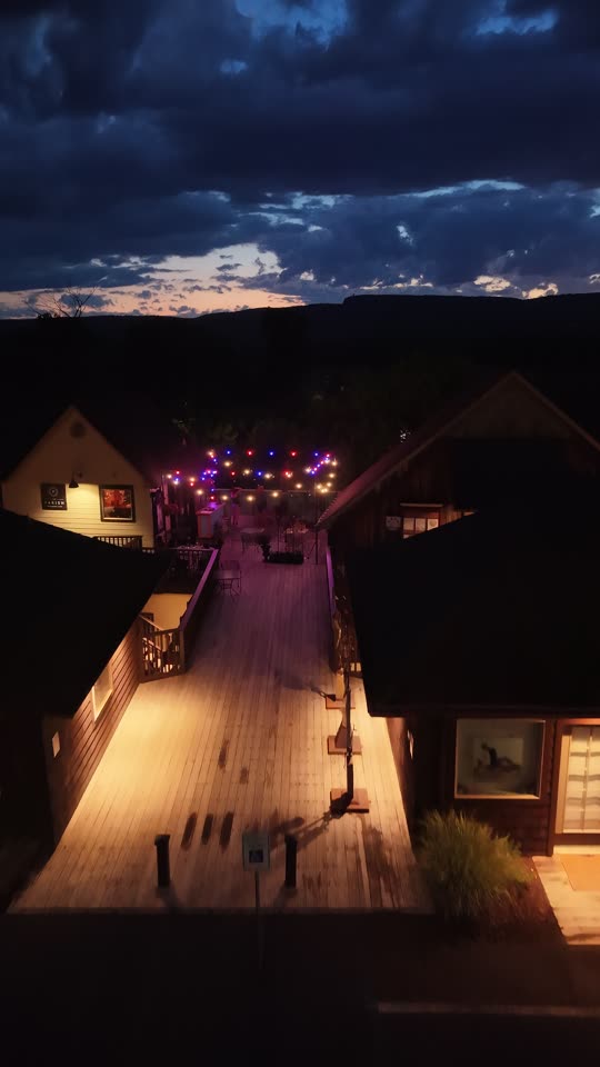 Flying over the Parish restaurant in New Paltz at night