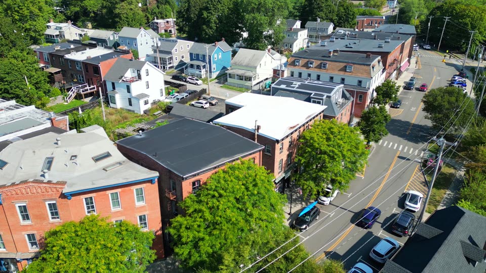 Flying parallel to lower Main Street