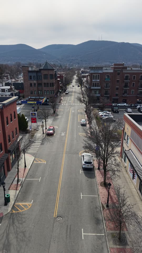 Flying up middle Main Street in Beacon