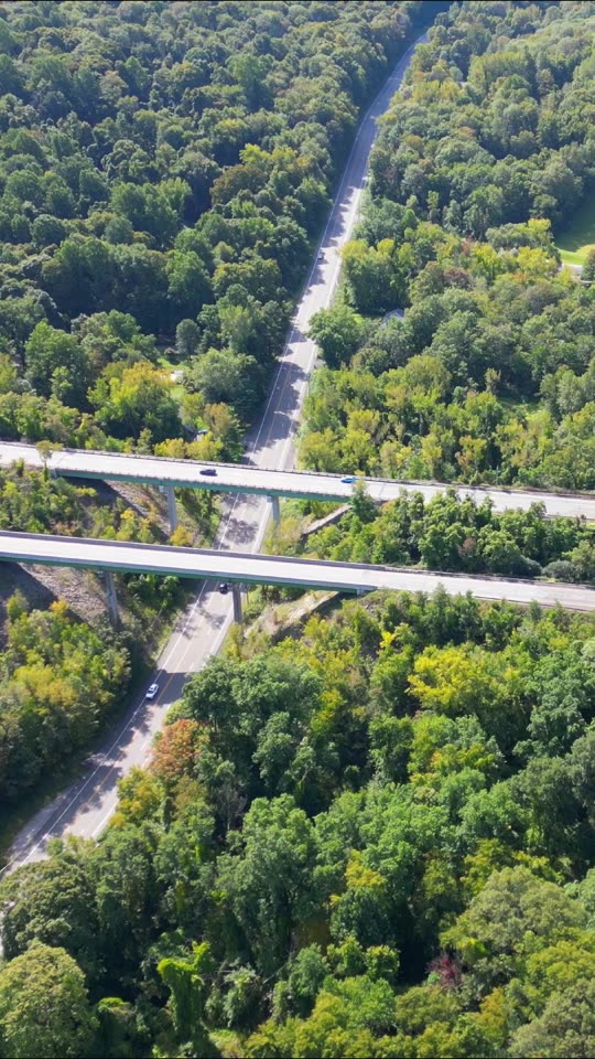 Looking down towards highway bridges (vert)