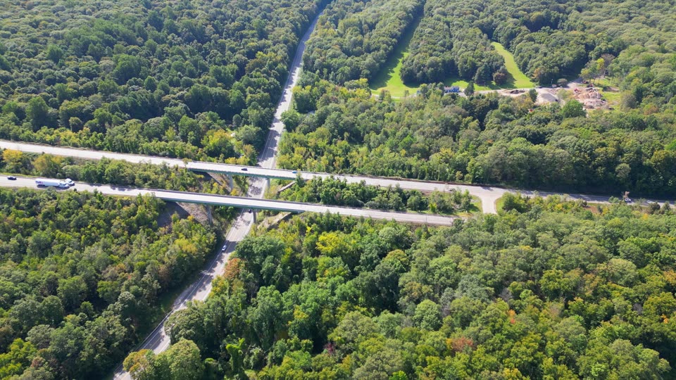 Looking down towards highway bridges