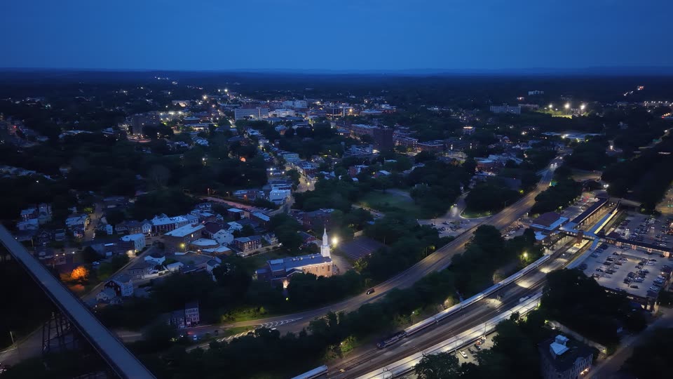 Looking over the walkway towards downtown Poughkeepsie at night