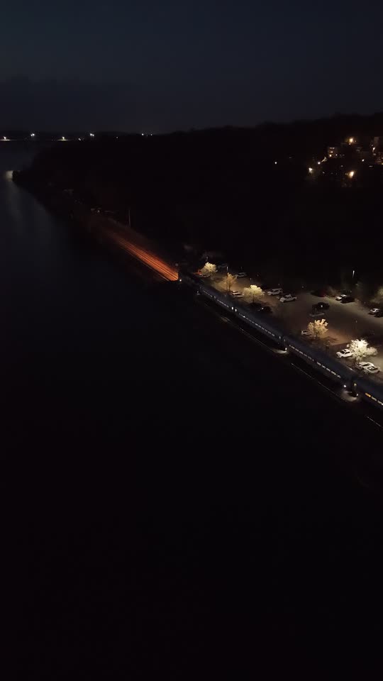 Metro North going upriver from Beacon station at night