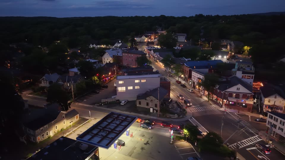 Night flying over downtown New Paltz
