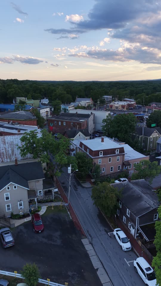 Orbiting over Church Street and Main Street in New Paltz evening