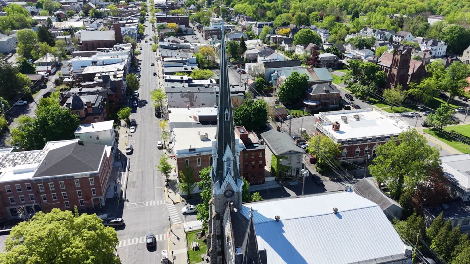 Orbiting the church steeple in Hudson