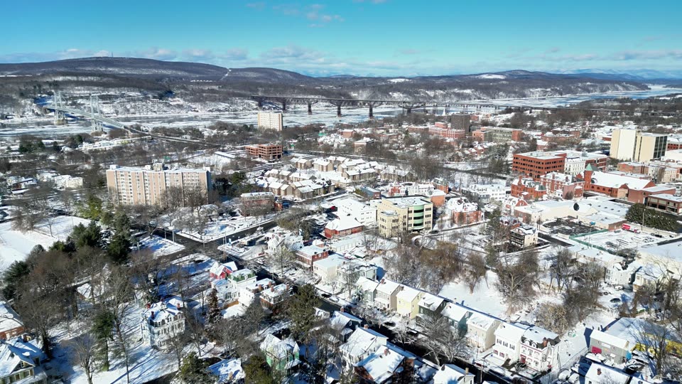 Over downtown Poughkeepsie in the snow