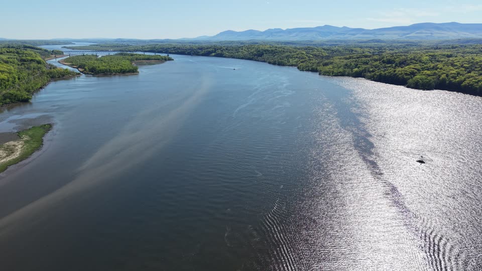 Panning over the river looking towards the Catskills near Hudson