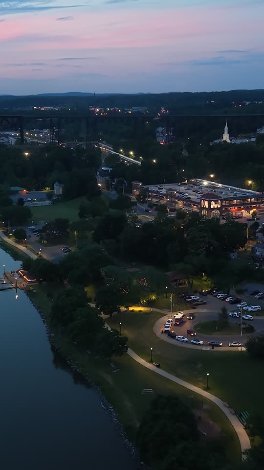 Poughkeepsie train station and the riverfront at night