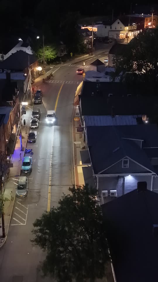 Pulling back down Main Street at night in New Paltz