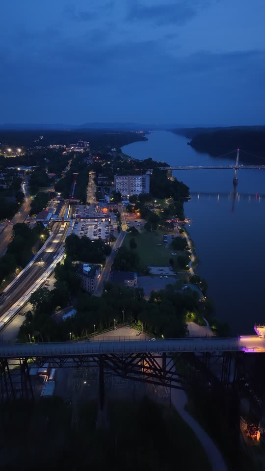 Pulling back over the Walkway looking downriver Poughkeepsie at night
