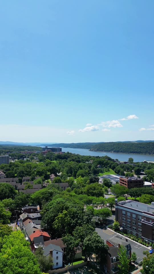 Turning above lower downtown Poughkeepsie looking downriver towards the bridges
